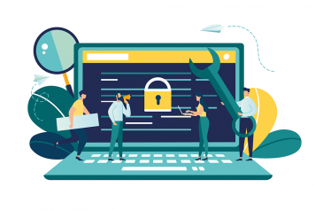Illustration of tiny people standing on laptop with security icon displayed