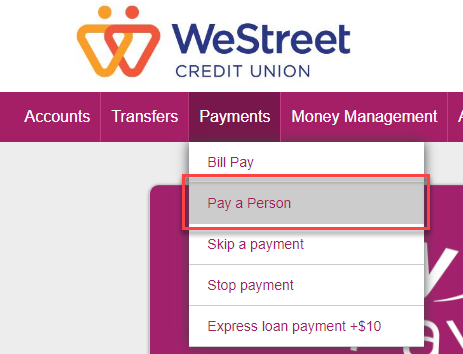 Screenshot of Person to Person Payment system