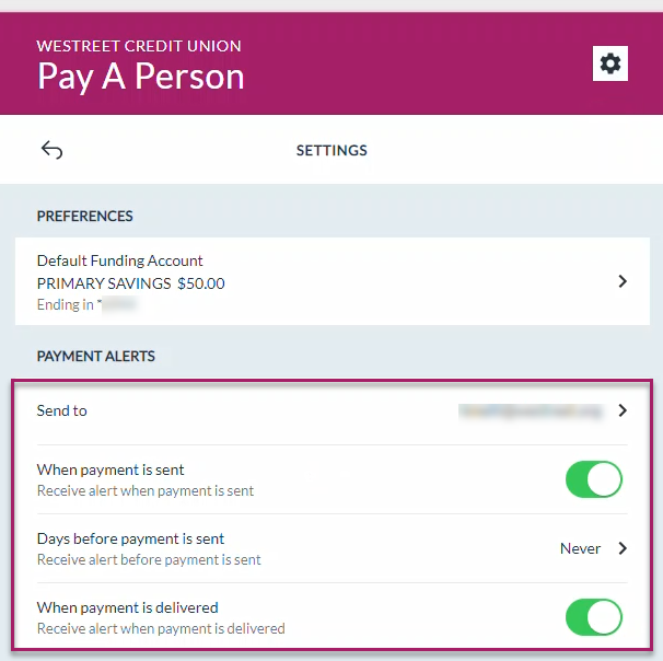 Screenshot of Person to Person Payment system
